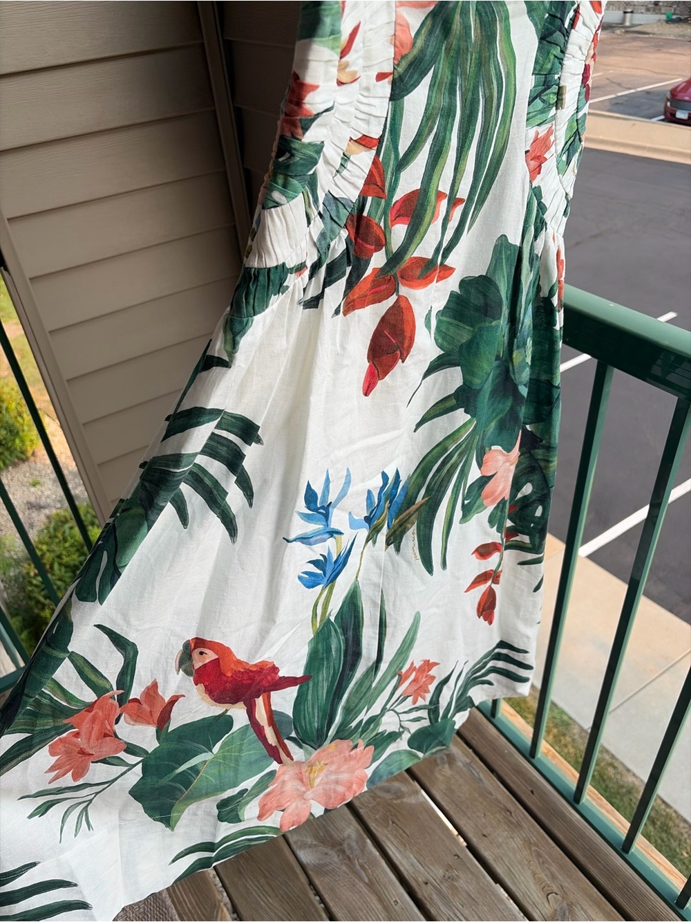 🆕🌿🦜FARM Rio OffWhite Midnight Macaw Fiesta Linen Puff Sleeve Midi Dress XS Party - Picture 12 of 17